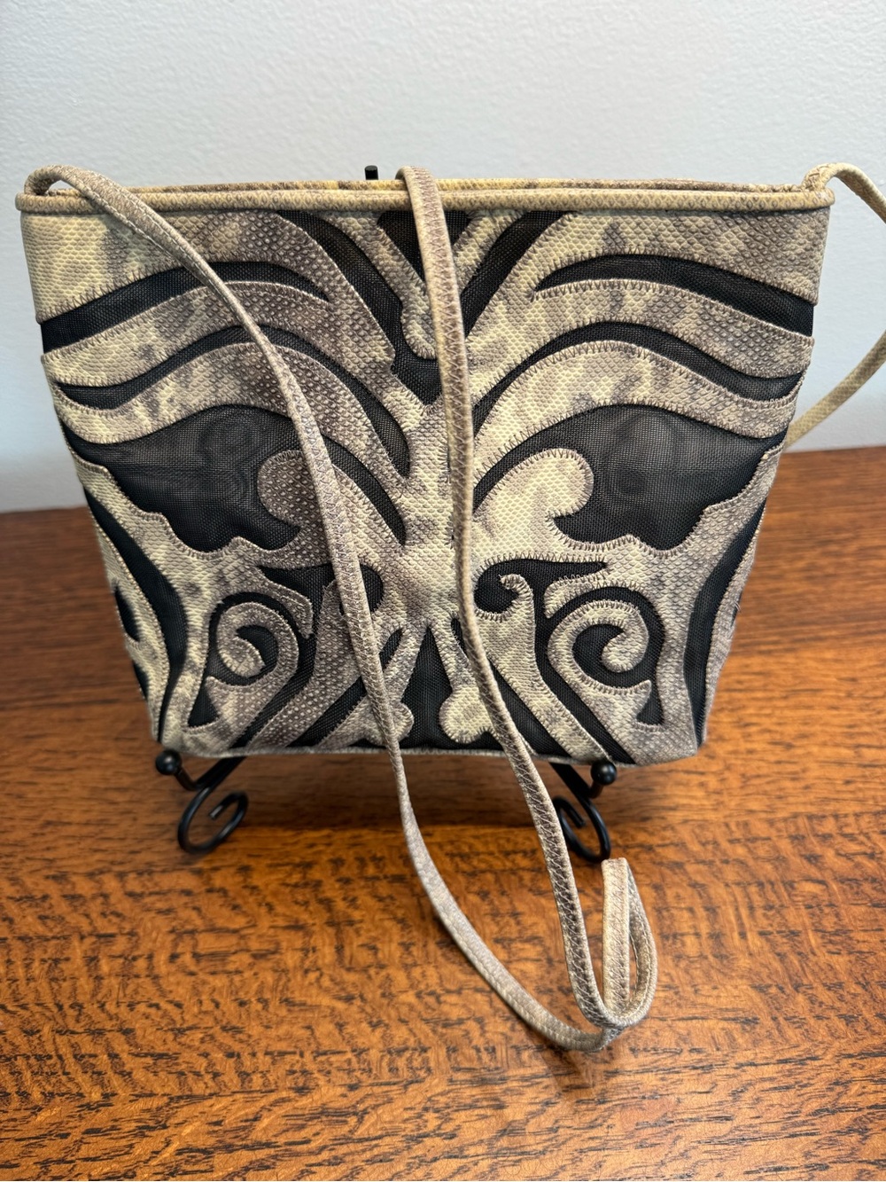 Sharif Vintage Snakeskin Appliqué &Mesh Crossbody Bag